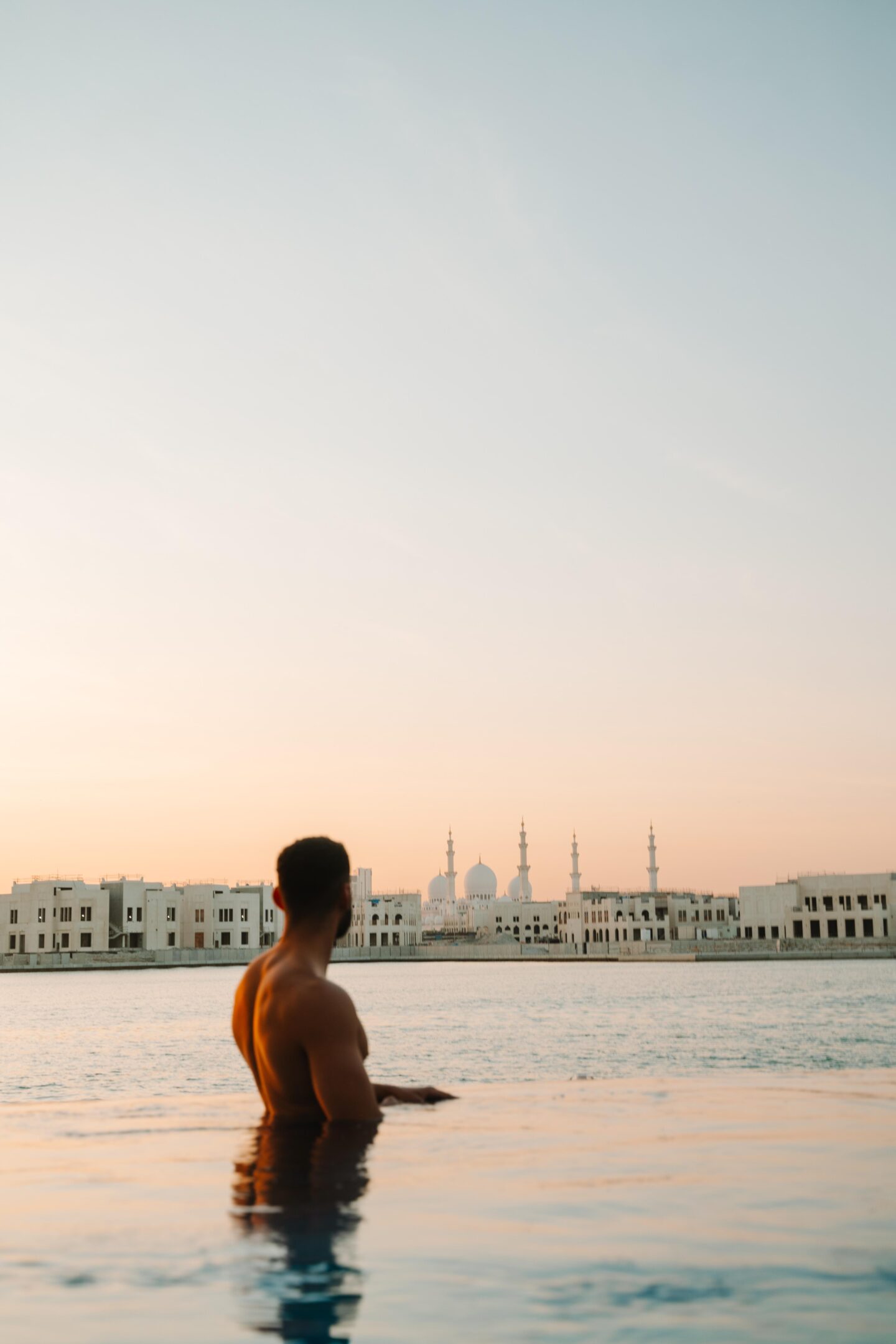 Shangri-La Qaryat Al Beri, Abu Dhabi from the pool, with views of the Shiekh Zayed Grand Mosque