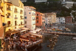 Views of Sorrento & the beach clubs of Amalfi Coast